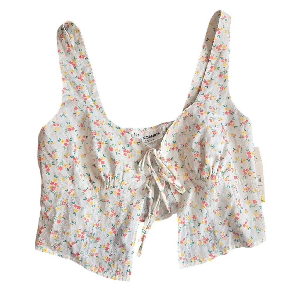 No Boundaries Cropped‎ Tank Top Floral Tie-Front Cottage Coquette Medium (8-10)